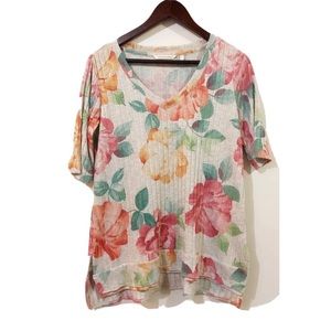Soft Surroundings Floral Short/Elbow Slv V Neck Stretch Hi-Low Knit Top Sz Small